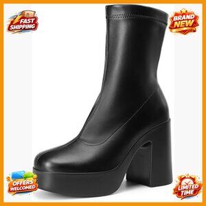 Platform Ankle Boots Chunky Block Heel Square Toe Booties Women's Shoes